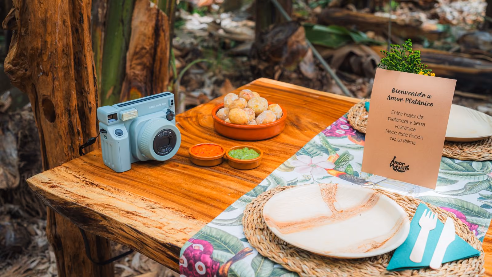 Instant camera beside wrinkled potatoes with mojo and the Amor Platánico welcome card on a wooden table