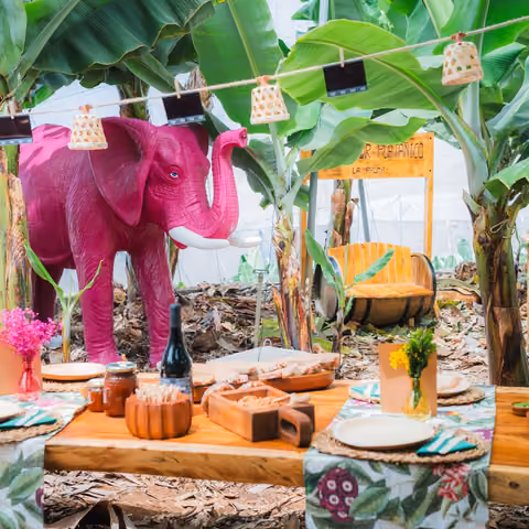Private Veranstaltung auf der Finca: gedeckte lange Tafel, rosa Elefant, Fassbank und das Schild der Finca Amor Platánico